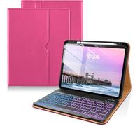 DTTO for iPad 11th (A16)/ 10th Generation Case with Keyboard (2025/2022), 7 Colors Backlit Wireless Detachable Keyboard Leather Folio Cover with Pencil Holder & Pocket, Rose Red