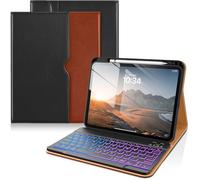 DTTO for iPad 11th (A16)/ 10th Generation Case with Keyboard (2025/2022), 7 Colors Backlit Wireless Detachable Keyboard Leather Folio Cover with Pencil Holder & Pocket, Black Brown