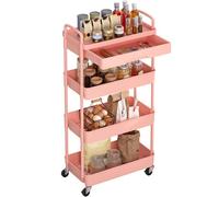 Dttwacoyh, 4-Tier Storage Trolley with Drawer | Rolling Organizer Cart for Bedroom, Bathroom & Living Room | Lightweight Plastic & Metal Utility Cart | Space Saving Design - UK Home Essential(Pink)