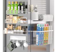 DTUQYX Magnetic seasoning shelf for fridge, 7 metal shelves, portable organizer, shelf with hooks, paper towel holder, kitchen utensils and cutting board, white