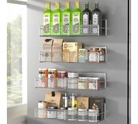 DTUQYX Magnetic Spice Rack for Refrigerator, 4 Pack 100% Metal Strong Magnet Fridge Shelves, Space Saving Spice Organizer, No Drilling Home Kitchen Laundry Room Storage Organization Moveable, Grey