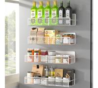 DTUQYX Magnetic Spice Rack for Refrigerator, 4 Pack 100% Metal Strong Magnet Fridge Shelves, Space Saving Spice Organizer, No Drilling Moveable Home Kitchen Laundry Room Storage Organization, White