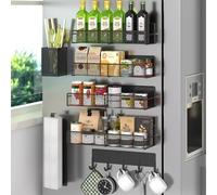 DTUQYX Magnetic Spice Rack for Refrigerator, 7 Pack Black, Moveable Organizer with Hook Rack, Paper Towel Holder, Kitchenware Holder, Strong Magnetic Storage