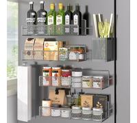 DTUQYX Magnetic Spice Rack, Refrigerator Organizer, 6 Pack Metal Grey Magnetic Shelf with Paper Towel Holder, Utensils Holder, Strong Magnets, Space Saving