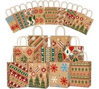 DTYDECLE 24pcs Christmas Kraft Paper Bags, 8 Style Xmas Tree Snowflake Goody Candy Treat Paper Bags with Handle for Christmas Party Favor Decoration