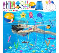 DTYDECLE 31pcs Diving Pool Toys, Fun Swimming Pool Toys Set with Big Rings Swim Thru Rings, Pool Fishes, Marine gem Underwater Training Game Toy for Kids Summer Swimming Party