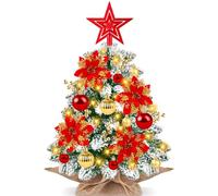 DTYDECLE Artificial Mini Christmas Tree, 60cm Lit Red Small Christmas Tree Snow Flocked Tabletop Small Xmas Trees with Star Topper for Xmas DIY Holiday Decorations