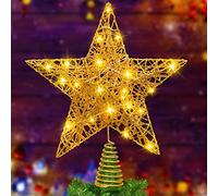 DTYDECLE Christmas Tree Topper Lighted, 11.4’’ Gold Glittered Xmas Hollow Star Treetop Toppers Ornaments with 20 LED Lights for Indoor Christmas Tree New Year Holiday Decorations