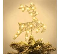 DTYDECLE Christmas Tree Topper Lighted, 11.8’’ Gold Glittered Elk Xmas Hollow Star Treetop Toppers Ornaments with 20 LED Lights for Indoor Christmas Tree New Year Holiday Decorations