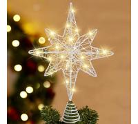 DTYDECLE Christmas Tree Topper Lighted, 13.5’’ Silver Glittered Xmas Hollow Star Treetop Toppers Ornaments with 20 LED Lights for Indoor Christmas Tree New Year Holiday Decorations
