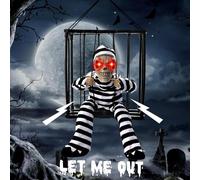 DTYDECLE Screaming Animated Halloween Hanging Decorations, Scary Skeleton Cage Prisoner Hanging Decoration Prop with Spooky Sound & Touch Activated Sensor for Halloween Party Outdoor Indoor Decor
