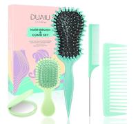 DUAIU 5Pcs Hair Brush Set for Women with Boar Bristle Paddle Curl Defining Brush, Wide Tooth Comb & Rat Tail Comb & Mini Mirror - Detangle, Style & Massage for Curly Hair, Home or Travel(Green)