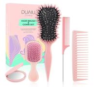 DUAIU 5Pcs Hair Brush Set for Women with Boar Bristle Paddle Curl Defining Brush, Wide Tooth Comb & Rat Tail Comb & Mini Mirror - Detangle, Style & Massage for Curly Hair, Home or Travel(Pink)