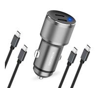 Dual 45W USB C Car Charger, 90W Max Super Fast Charging, All Metal 12V Cigarette Lighter Adapter for iPhone 17 Pro Max/16/15/iPad, Samsung Galaxy S25/S24, Google Phones with 2 Type C Cable 3.3ft Gray