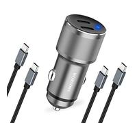 Dual 45W USB C Car Charger, 90W Max Super Fast Charging, All Metal 12V Cigarette Lighter Adapter for iPhone 17 Pro Max/16/15/iPad, Samsung Galaxy S25/S24, Google Phones with 2 Type C Cable 3.3ft Gray