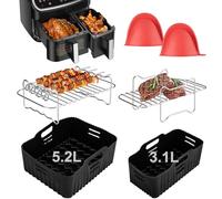 Dual Air Fryer Accessories for Tefal 5.2L/3.1L, Lakeland 5L/3L, Tower T17099, Salter 5.5L/3.5L - 6PCS Set with 2 Reusable Silicone Liners (Different Sizes), Skewer Rack, Grill Rack & Mitts - Non-Stick