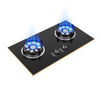 Dual Burner Gas Cooktop, Drop-in Tempered Glass Gas Stovetop, Home Kitchen Gas Countertop Gas Range Hob, Thermocouple Protection and Easy to Clean, Black