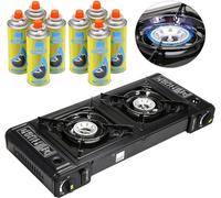 Dual Burner Portable Camping Stove - EN417 Compliant Premium Portable Butane Gas Camping Stove - Automatic Ignition and Heat Control - Dual Cast Aluminium (Stove + 8 Canisters)