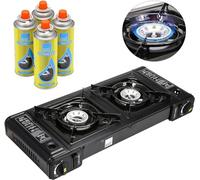 Dual Burner Portable Camping Stove - EN417 Compliant Premium Portable Butane Gas Camping Stove - Automatic Ignition and Heat Control - Dual Cast Aluminium (Stove + 4 Canisters)
