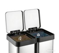 Dual Compartment Kitchen Trash Can & Recycling Bin 16 Gallon 60L, Stainless Steel Hands-Free Foot Pedal, Soft-Close Double Lid with Removable Inner Buckets, Fingerprint-Resistant Modern Design