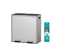 SONGMICS Dual Rubbish Bin, Metal Recycling Bin with 15 Rubbish Bags, 2-Compartment, with Lids, Pedals, Plastic Inner Buckets, Soft Closure, 2 x 10.6 Gallons (2 x 40 L), Silver and Black LTB730E80
