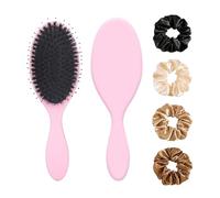 Dual Cushion & Boar Bristle Hairbrush With 4 Psc Silk Scrunchies | Anti-Static Detangling Brush for All Hair Types & Extensions | Gentle on Wet/Dry Hair, Reduces Frizz & Breakage（Pink）