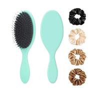 Dual Cushion & Boar Bristle Hairbrush With 4 Psc Silk Scrunchies | Anti-Static Detangling Brush for All Hair Types & Extensions | Gentle on Wet/Dry Hair, Reduces Frizz & Breakage （Light Green）