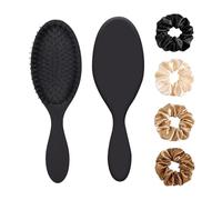 Dual Cushion & Boar Bristle Hairbrush With 4 Psc Silk Scrunchies | Anti-Static Detangling Brush for All Hair Types & Extensions | Gentle on Wet/Dry Hair, Reduces Frizz & Breakage （Black）