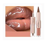 Dual-Ended Lip Liner and Lipstick Set - Caramel Brown Nude Shade with Mirror-Like Glossy Finish, Long Lasting Lip Kit for Women, Easy Layering Combo for Full Pouty Effect (Caramel Nude Gloss)