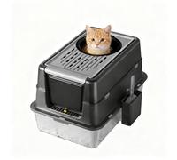 Dual Entry Stainless Steel Cat Litter Box - 180° Turn over-Top, Enclosed, Non-Stick, Leak-Proof, Easy Clean, Odor Control, with Scoop - Ideal for Large & Multi-Cat Homes, Deep Black, 60x40x38.5cm