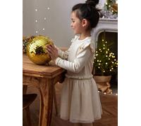 Dual Fabric Christmas Special Dress with Tulle Skirt for Girls ecru