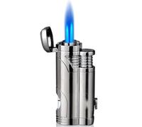 Dual-fire direct-injection windproof blue flame butane lighter with a transparent window. Open the lid and press to ignite. Suitable for business gifts (fuel not included)(Silver)