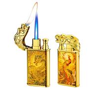 Dual Flame Dragon Torch Lighter - Switchable Jet & Soft Flame, Windproof Adjustable Flame, Refillable Butane Lighter for Gift, Kitchen, Camping, Candle (Gas Not Included)-Gold