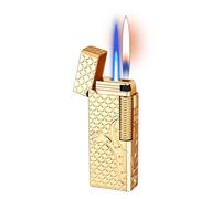 Dual Flame Lighter, Windproof Butane Lighter, Metal Embossed Body, Refillable Jet Flame and Soft Flame Design, Ideal for Indoor and Outdoor Use, for Men