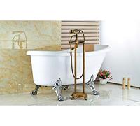 Dual Handles Bathroom Floor Mount Bathtub Filler Freestanding Bathtub Faucet Antique Brass with Hand Shower Rotate Spout,