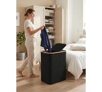 Dual Laundry Basket 2 Compartments - Double Hamper with Lid for Light/Dark Clothes Separation - Large Bathroom/Corner Storage Organizer - 2 Section Washing Basket (Black)