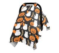 Dual Layer Washed Cotton Minky Baby Car Seat Canopy with Snap Window | Breathable Baby Car Seat Canopy Stroller Carrier Travel Pumpkin White Cat