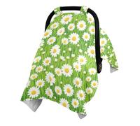 Dual Layer Washed Cotton Minky Baby Car Seat Canopy with Snap Window | Breathable Infant Car Seat Cover Baby Napping Time Green White Daisy