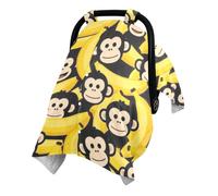 Dual Layer Washed Cotton Minky Baby Car Seat Canopy with Snap Window | Minky Dot Reverse Side Baby Car Seat Canopy Nursing Privacy Use Playful Monkey Banana