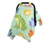 Dual Layer Washed Cotton Minky Baby Car Seat Canopy with Snap Window | Skin Friendly Newborns Travel Cover Outdoor Walking Trip Colorful Frogs