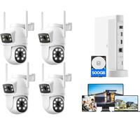 【Dual-Lens】CAMCAMP Wireless CCTV Camera System with 10CH NVR & 500GB HDD, 4 PTZ Wi-Fi Cameras, Twin-Lens Tech, Color Night Vision, Auto Tracking, Human Detection, APP Alarm, Two Way Audio