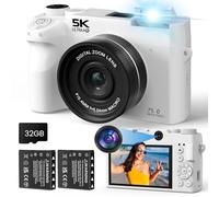 Dual Lens Digital Camera, LAMA 5K 75MP Autofocus Vlogging Camera with 32G SD Card, Compact Cameras with 3.0 Inch Screen, 18X Digital Zoom Cameras for Kids, Teenagers, Beginners, Adults White