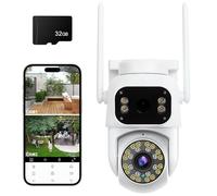 Dual Lens Security Camera Outdoor, 2K PTZ WiFi CCTV Camera with 32G SD Card, 360°View, Auto-Tracking, Color Night Vision, Two-Way Audio, Siren & Spotlight, IP66 Weatherproof CCTV for Home Security