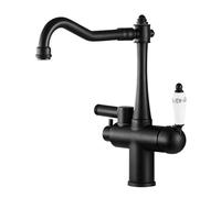 Dual Lever Brass Kitchen Mixer, Dishwasher Connector, Deck Mount (Black) | Swivel spout, ceramic disc cartridge, honeycomb aerator, anti-splash, quick-fit tails, multi-finish, caravan use