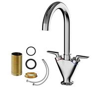 Dual Lever Monobloc Tap Hot and Cold Water Swan Kitchen Bathroom Sink Mixer Taps 360 Degrees Swivel Spout Chrome with Hoses Standard Fittings