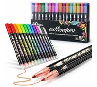 Dual-Line Contour Pen, Self-Outline Metallic Markers for Kids & Adults, Magic Shimmer Glitter Art Supplies for Rock Painting, Scrapbooking, DIY Greeting Cards (48 colors,1)