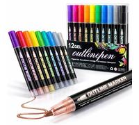 Dual-Line Contour Pen, Self-Outline Metallic Markers for Kids & Adults, Magic Shimmer Glitter Art Supplies for Rock Painting, Scrapbooking, DIY Greeting Cards (12 colorrs,1)