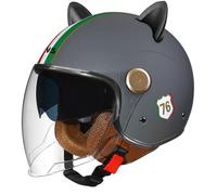 Dual Mirror Motorcycle Retro 3/4 Jet Helmet Lightweight Cute Cat Ears Open Face Helmets Crash Proof DOT Certified Comfortable and Safe Grey L/59-60cm