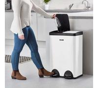 Cooks Professional Dual Pedal Recycle Bin 60L | 2 x 30L Removable Compartments & Soft Close Lids | Twin Double Section Stainless Steel Kitchen or Office Dustbin for Recycling or Waste | White