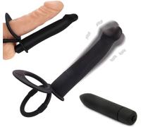 Dual Penetration Vibrating Dildo with Penis Rings, Strap-On Double Penetration Anal Sex Plug, Dildo Vibrator with Cock Rings for Men Sex Enhance, Butt Plug Strapon Anal Sex Toys for Couples (Black)